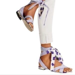 Cabi Watercolor Tied Up Sandals Size 8 Blue White Stripe Floral Gladiator Style